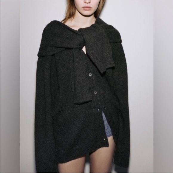 Zara 100% Wool Oversized Preppy Knotted Charcoal Grey Warm Cozy Sweater Cardigan - Picture 3 of 12